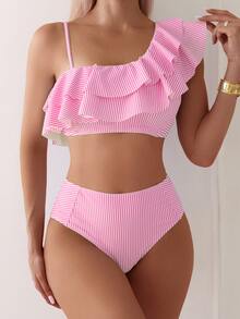 Swim Mod Women's Pink And White Striped,Summer,Cute,Beach,Holiday Outfit,Floral & Random Stripe Patchwork Ruffle Asymmetric-Shoulder High Waist Bikini Set - Multicolor - View 3