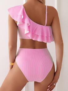 Swim Mod Women's Pink And White Striped,Summer,Cute,Beach,Holiday Outfit,Floral & Random Stripe Patchwork Ruffle Asymmetric-Shoulder High Waist Bikini Set - Multicolor - View 2