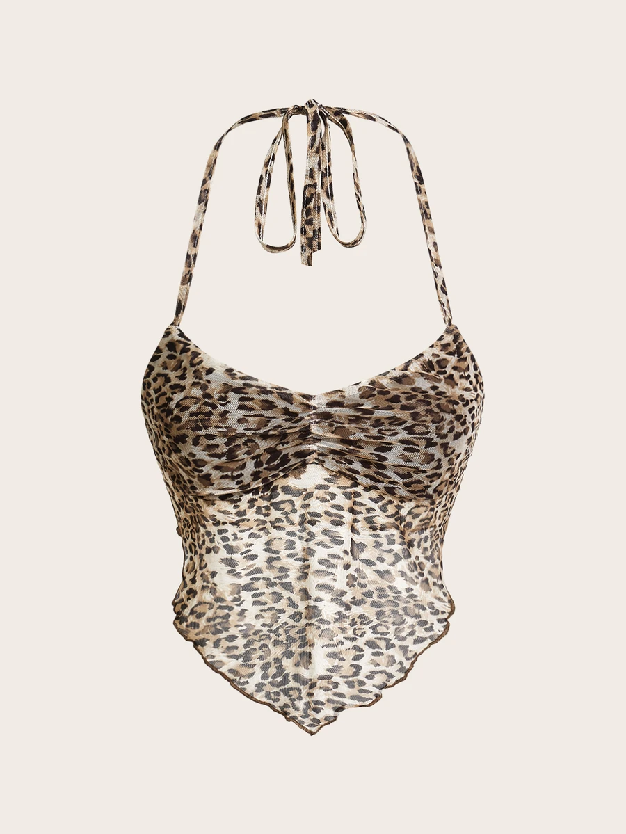 SHEIN ICON 豹紋網紗花卉露背不對稱夏季性感背心 - 卡其色 - 查看 1