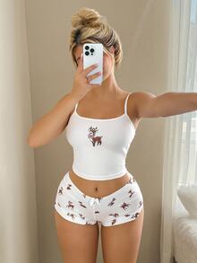 Sweetina 2 件女式紧身鹿印花性感前卫服装套装，包括蝴蝶结肩带鹿印花超低腰迷你短裤，适合睡衣、休闲装和外出可爱两件套 2 件短套装女泳衣高腰套装可爱 2 件套夏季短裤两件套服装 - 白色 - 查看 6