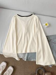 SHEIN LUNE Tie Front Contrast Binding Bell Sleeve Top - Multicolor - View 2