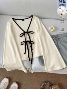 SHEIN LUNE Tie Front Contrast Binding Bell Sleeve Top - Multicolor - View 5