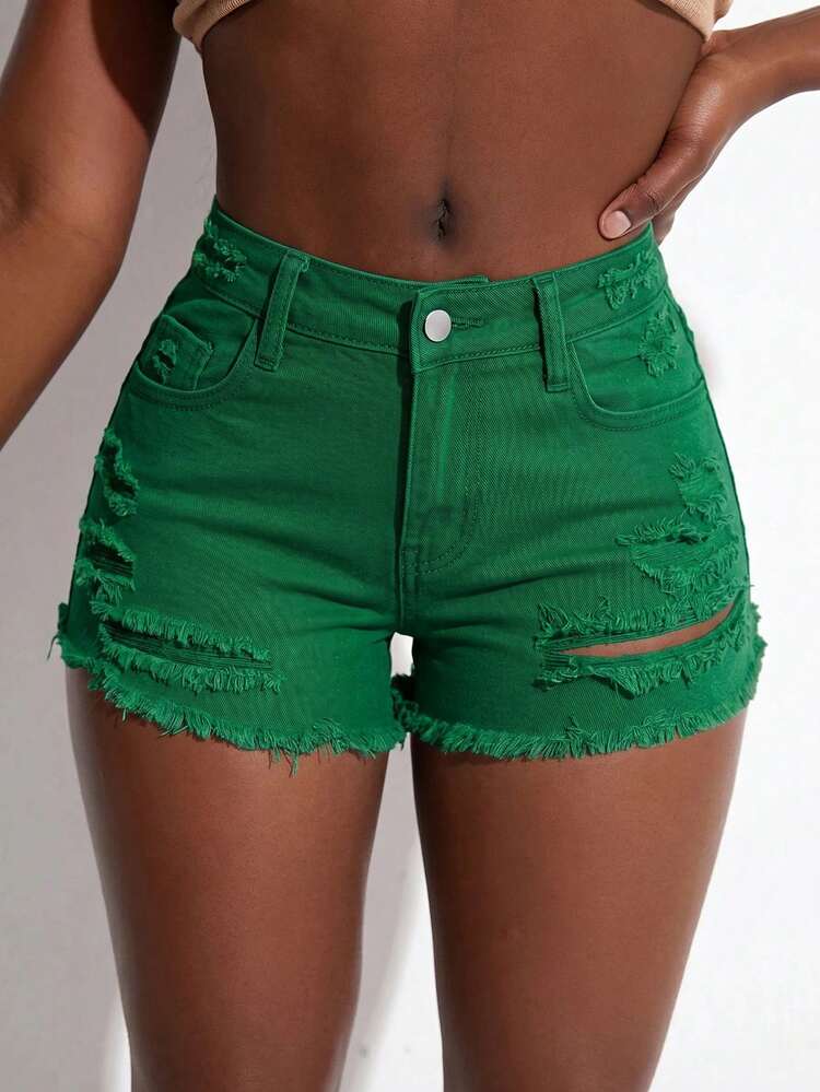 SHEIN SXY Women's Hot Girl Street Style Distressed Frayed Hem Button Denim Shorts - Green - View 5