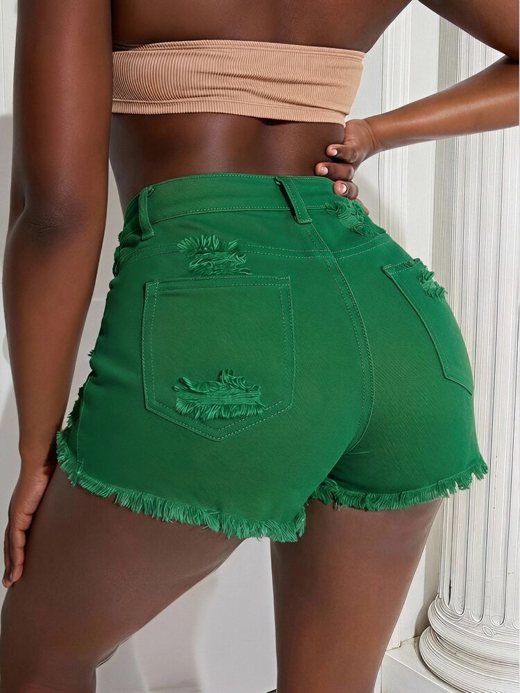 SHEIN SXY Women's Hot Girl Street Style Distressed Frayed Hem Button Denim Shorts - Green - View 2