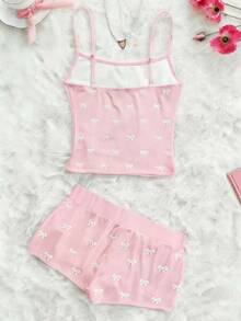 Sweetina Bow Print Camisole Crop Top & Shorts 2 Pieces Set, Casual For Teens - Pink - View 3