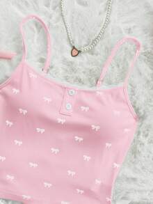 Sweetina Bow Print Camisole Crop Top & Shorts 2 Pieces Set, Casual For Teens - Pink - View 5