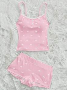 Sweetina Bow Print Camisole Crop Top & Shorts 2 Pieces Set, Casual For Teens - Pink - View 2