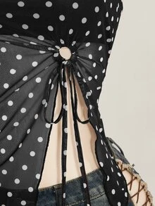 SHEIN ICON 夏季女士性感外出海滩派对黑色复古性感度假风波点印花扭结不对称下摆抹胸上衣 - 黑色 - 查看 7