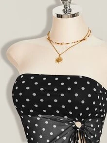 SHEIN ICON 夏季女士性感外出海滩派对黑色复古性感度假风波点印花扭结不对称下摆抹胸上衣 - 黑色 - 查看 6