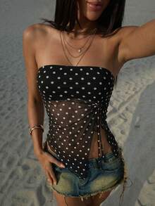 SHEIN ICON 夏季女士性感外出海滩派对黑色复古性感度假风波点印花扭结不对称下摆抹胸上衣 - 黑色 - 查看 13