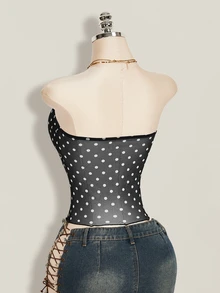 SHEIN ICON 夏季女士性感外出海滩派对黑色复古性感度假风波点印花扭结不对称下摆抹胸上衣 - 黑色 - 查看 11