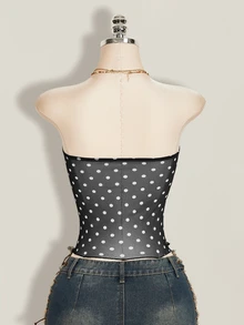 SHEIN ICON 夏季女士性感外出海滩派对黑色复古性感度假风波点印花扭结不对称下摆抹胸上衣 - 黑色 - 查看 3