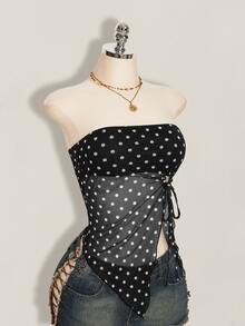 SHEIN ICON 夏季女士性感外出海滩派对黑色复古性感度假风波点印花扭结不对称下摆抹胸上衣 - 黑色 - 查看 9