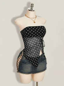 SHEIN ICON 夏季女士性感外出海滩派对黑色复古性感度假风波点印花扭结不对称下摆抹胸上衣 - 黑色 - 查看 8