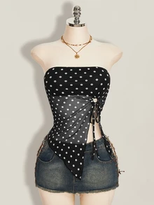 SHEIN ICON 夏季女士性感外出海滩派对黑色复古性感度假风波点印花扭结不对称下摆抹胸上衣 - 黑色 - 查看 5