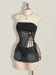 SHEIN ICON 夏季女士性感外出海滩派对黑色复古性感度假风波点印花扭结不对称下摆抹胸上衣 - 黑色 - 查看 1