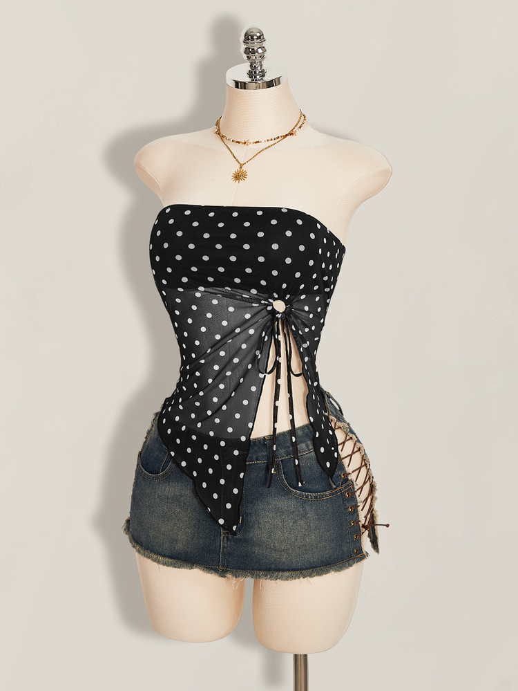 SHEIN ICON 夏季女士性感外出海滩派对黑色复古性感度假风波点印花扭结不对称下摆抹胸上衣 - 黑色 - 查看 1