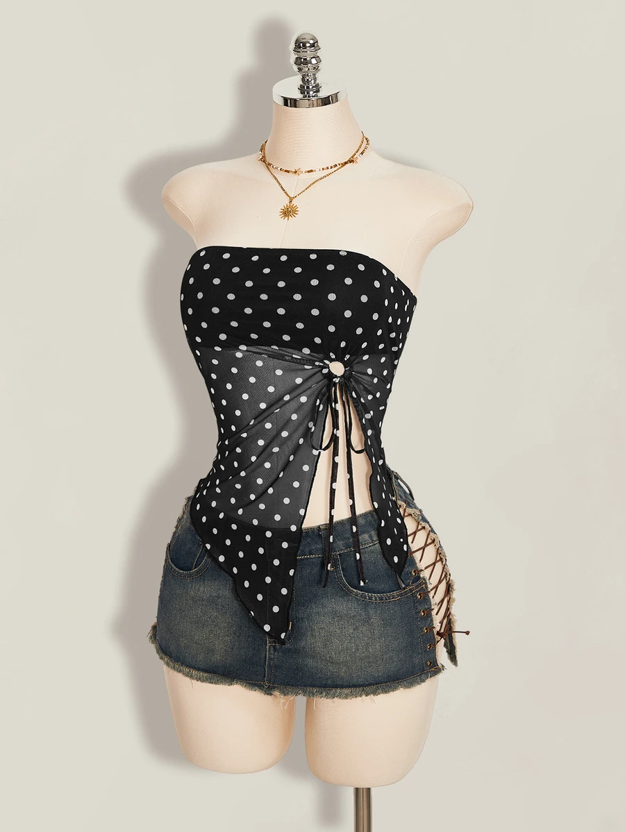 SHEIN ICON 夏季女士性感外出海滩派对黑色复古性感度假风波点印花扭结不对称下摆抹胸上衣 - 黑色 - 查看 1