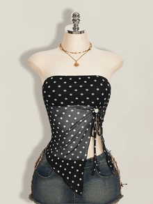 SHEIN ICON 夏季女士性感外出海滩派对黑色复古性感度假风波点印花扭结不对称下摆抹胸上衣 - 黑色 - 查看 12