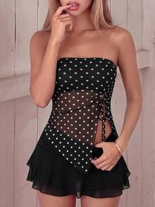 SHEIN ICON 夏季女士性感外出海滩派对黑色复古性感度假风波点印花扭结不对称下摆抹胸上衣 - 黑色 - 查看 2