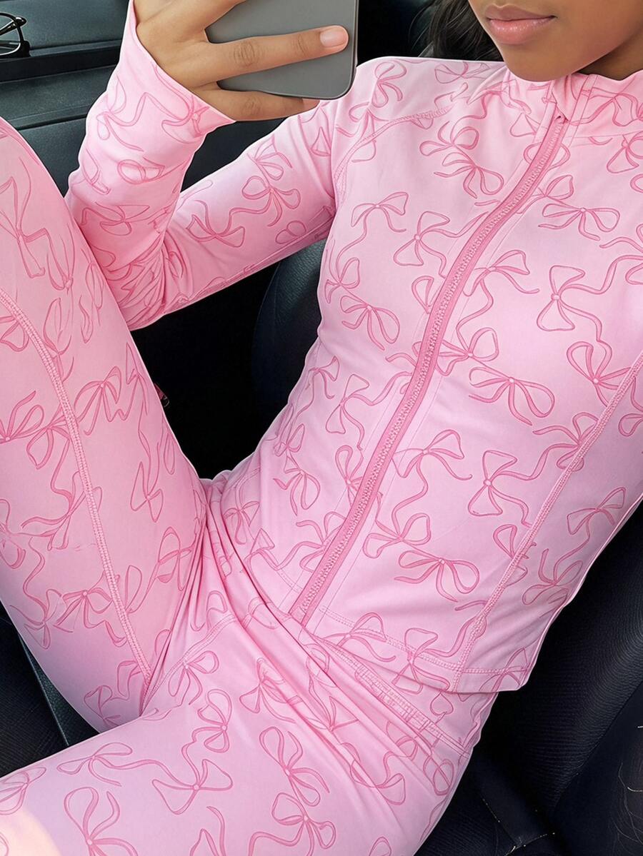 SHEIN Tween Girl Bow Print Zipper Placket Long Sleeve Shirt And Fitted Leggings Yoga Sports Set, Autumn Winter, Back To School, Running Y2k, Gym, Pink - Pink - View 1