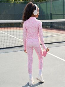 SHEIN Tween Girl Bow Print Zipper Placket Long Sleeve Shirt And Fitted Leggings Yoga Sports Set, Autumn Winter, Back To School, Running Y2k, Gym, Pink - Pink - View 2
