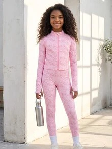 SHEIN Tween Girl Bow Print Zipper Placket Long Sleeve Shirt And Fitted Leggings Yoga Sports Set, Autumn Winter, Back To School, Running Y2k, Gym, Pink - Pink - View 3
