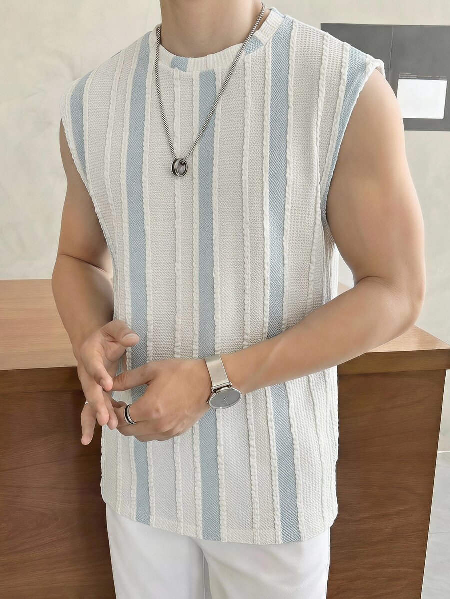 SWAVVY 男士夏季休闲度假通勤撞色条纹印花宽松背心 - 藍色 - 查看 1