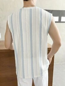 SWAVVY 男士夏季休闲度假通勤撞色条纹印花宽松背心 - 藍色 - 查看 2