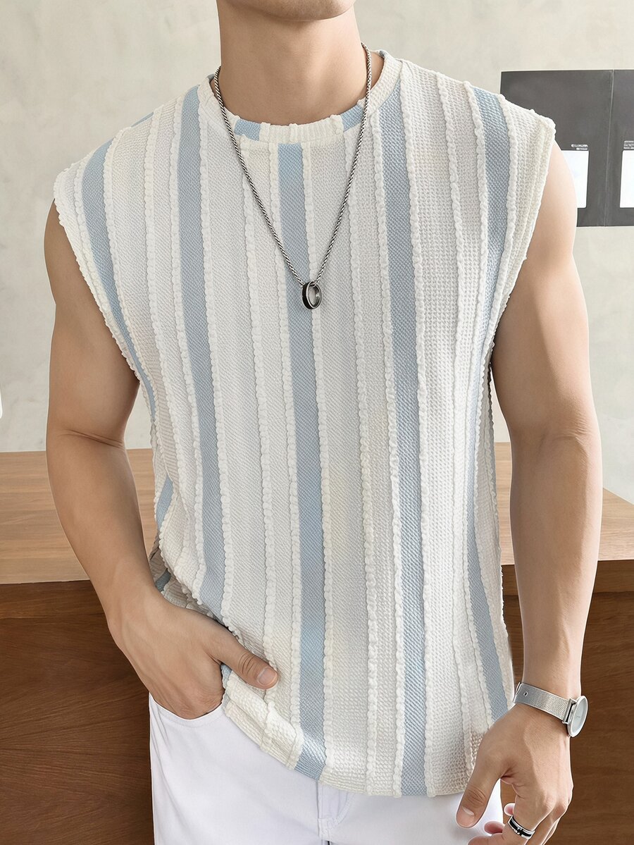 SWAVVY Tank Top Longgar Leher Bulat Motif Huruf Kasual Pria, Musim Panas, Liburan, Pakaian Sehari-hari - Biru - View 1