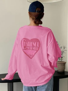 DAZY Heart & Letter Graphic Drop Shoulder Tee Fall Oversized Tshirts For Women - Pink - View 7
