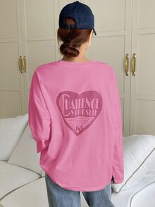 DAZY Heart & Letter Graphic Drop Shoulder Tee Fall Oversized Tshirts For Women - Pink - View 3