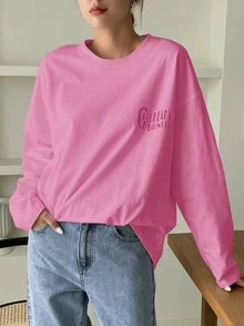 DAZY Heart & Letter Graphic Drop Shoulder Tee Fall Oversized Tshirts For Women - Pink - View 5