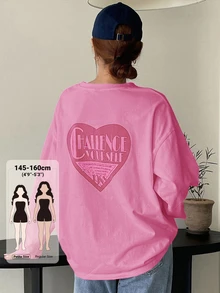 DAZY Heart & Letter Graphic Drop Shoulder Tee Fall Oversized Tshirts For Women - Pink - View 1