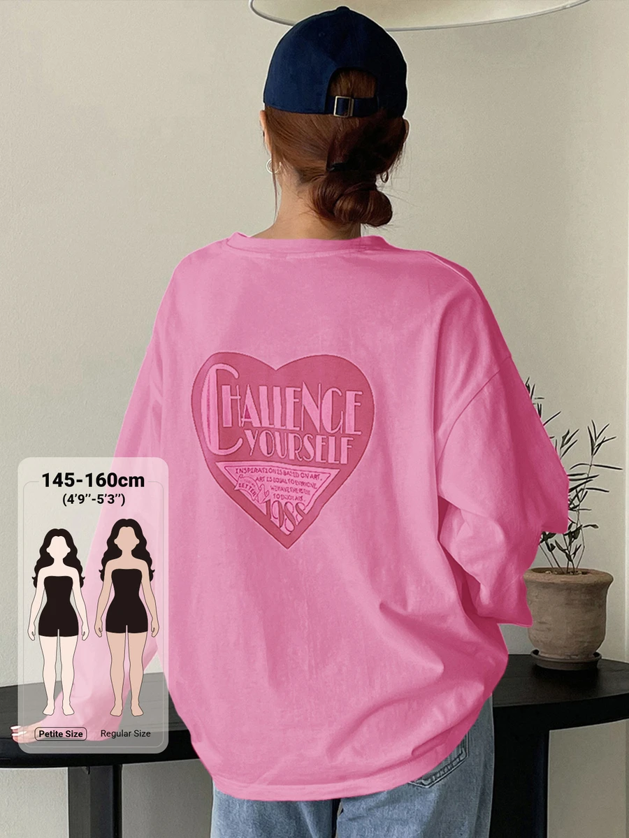 DAZY Heart & Letter Graphic Drop Shoulder Tee Fall Oversized Tshirts For Women - Pink - View 1