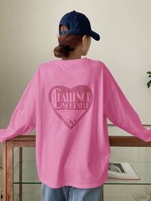 DAZY Heart & Letter Graphic Drop Shoulder Tee Fall Oversized Tshirts For Women - Pink - View 4