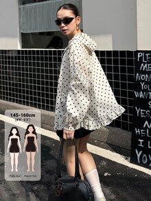 DAZY Polka Dot Print Ruffle Hem Zip Up Hooded Coat Fall - White - View 1