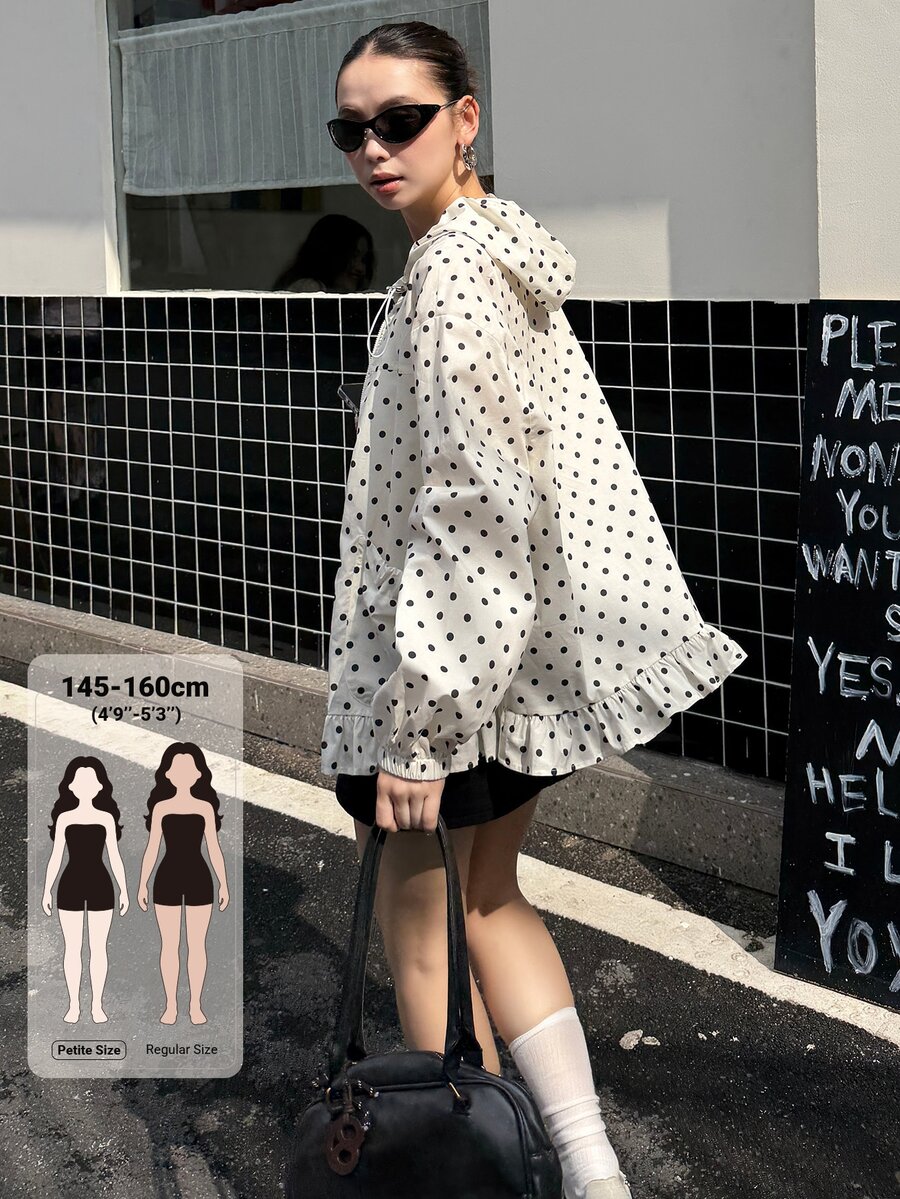 DAZY Polka Dot Print Ruffle Hem Zip Up Hooded Coat Fall - White - View 1