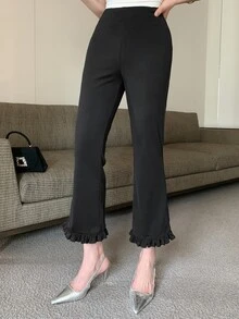 DAZY Solid Ruffle Hem Flare Leg Crop Pants Fall - Black - View 6