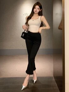 DAZY Solid Ruffle Hem Flare Leg Crop Pants Fall - Black - View 2