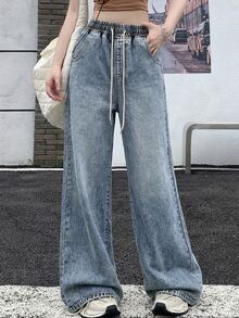 DAZY Celana Jeans Kaki Lebar dengan Tali Serut di Pinggang untuk Musim Gugur - Biru - View 5