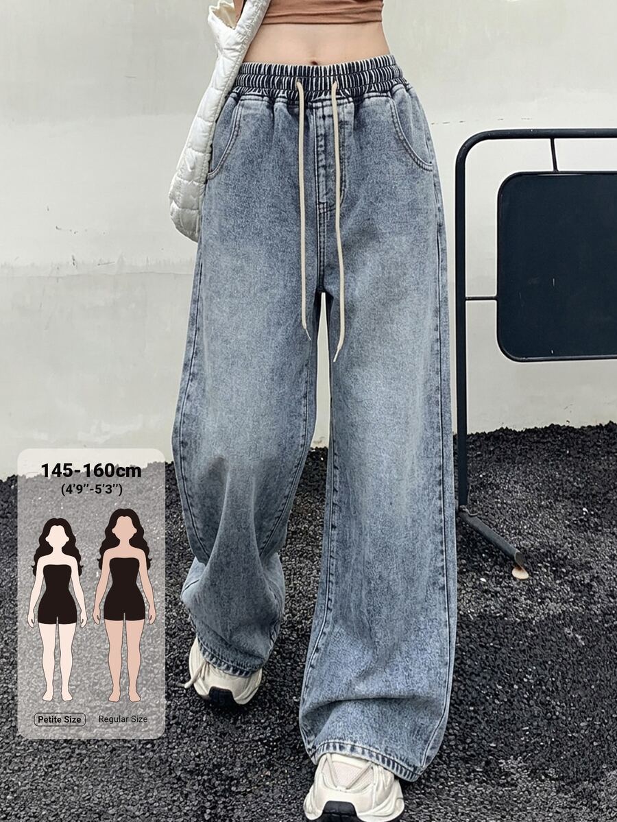 DAZY Celana Jeans Kaki Lebar dengan Tali Serut di Pinggang untuk Musim Gugur - Biru - View 1