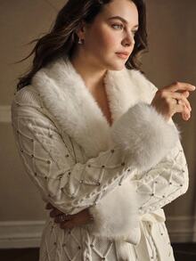 MOTF PREMIUM WOMEN'S PLUS SIZE AUTUMN/WINTER FUR COLLAR PATCHWORK MID-LENGTH KNIT CARDIGAN WITH BELT - Beige - View 2
