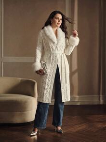 MOTF PREMIUM WOMEN'S PLUS SIZE AUTUMN/WINTER FUR COLLAR PATCHWORK MID-LENGTH KNIT CARDIGAN WITH BELT - Beige - View 1