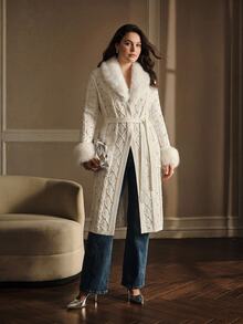 MOTF PREMIUM WOMEN'S PLUS SIZE AUTUMN/WINTER FUR COLLAR PATCHWORK MID-LENGTH KNIT CARDIGAN WITH BELT - Beige - View 5
