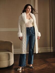 MOTF PREMIUM WOMEN'S PLUS SIZE AUTUMN/WINTER FUR COLLAR PATCHWORK MID-LENGTH KNIT CARDIGAN WITH BELT - Beige - View 6
