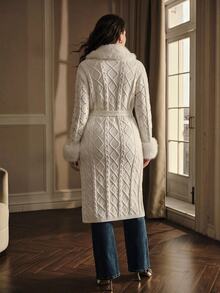 MOTF PREMIUM WOMEN'S PLUS SIZE AUTUMN/WINTER FUR COLLAR PATCHWORK MID-LENGTH KNIT CARDIGAN WITH BELT - Beige - View 3