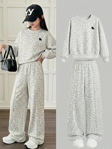SHEIN Girlism Setelan 2 Potong untuk Remaja Perempuan: Atasan Sweatshirt Leher Bulat Bahu Longgar dan Celana Panjang Lurus - MultiWarna - View 1