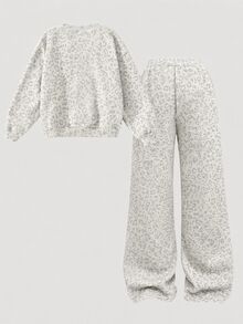 SHEIN Girlism Setelan 2 Potong untuk Remaja Perempuan: Atasan Sweatshirt Leher Bulat Bahu Longgar dan Celana Panjang Lurus - MultiWarna - View 6