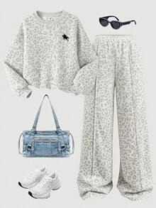 SHEIN Girlism Setelan 2 Potong untuk Remaja Perempuan: Atasan Sweatshirt Leher Bulat Bahu Longgar dan Celana Panjang Lurus - MultiWarna - View 7